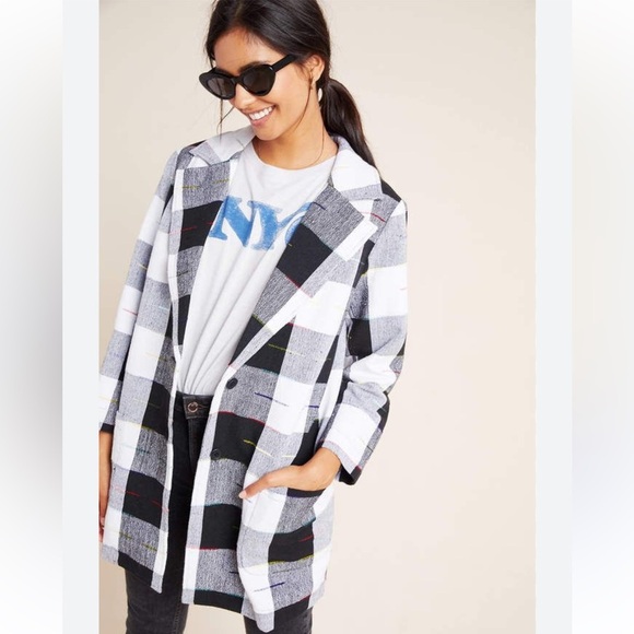 THE ODELLS Anthropologie Cairo Plaid Jacket Black White Mid Length Size Small - Picture 2 of 16